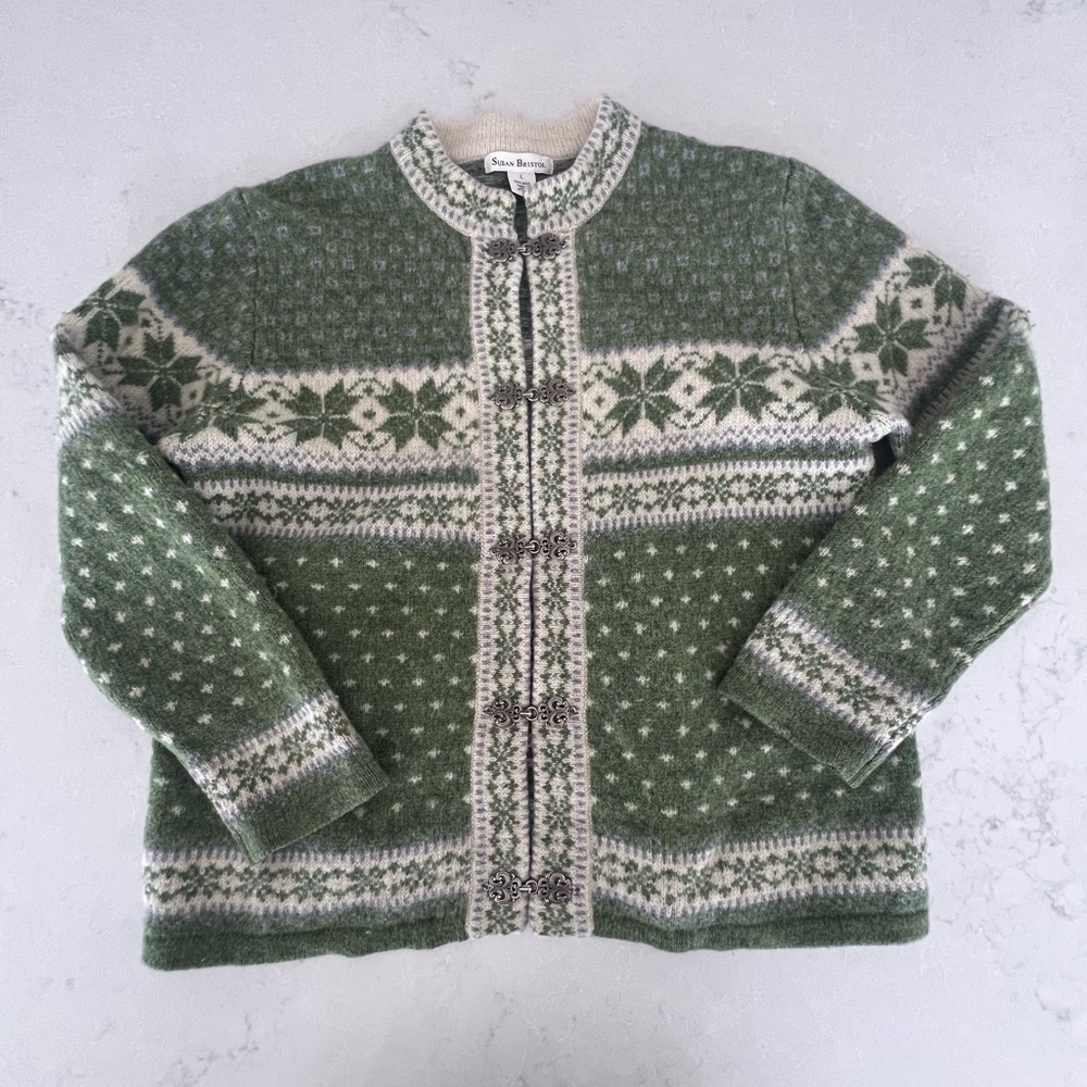 Susan Bristol Green and Cream Women's Cardigan